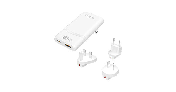 LogiLink PA0376 USB 65W Dual GaN Travel Charger, 1xUSB-A (QC), 1xUSB-C (PD)