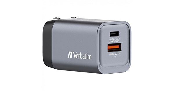 Verbatim GNC-35 35W GaN Charger, 1xUSB-C, 1xUSB-A, UK/EU/US Plug